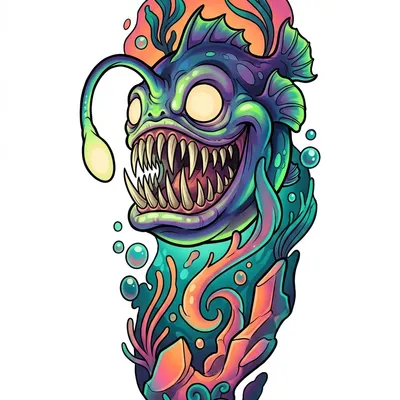 Cartoon baby abyss fish in vivid colors, with many sharp teeth and fisheye perspective.