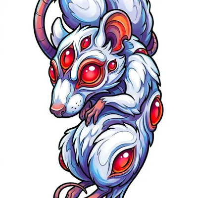 White mutant rat with red eyes, multiple eyes and a dynamic composition in vivid colors.