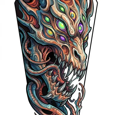 Close-up of a mutant dragon with many eyes, sharp teeth and biorganic textures.